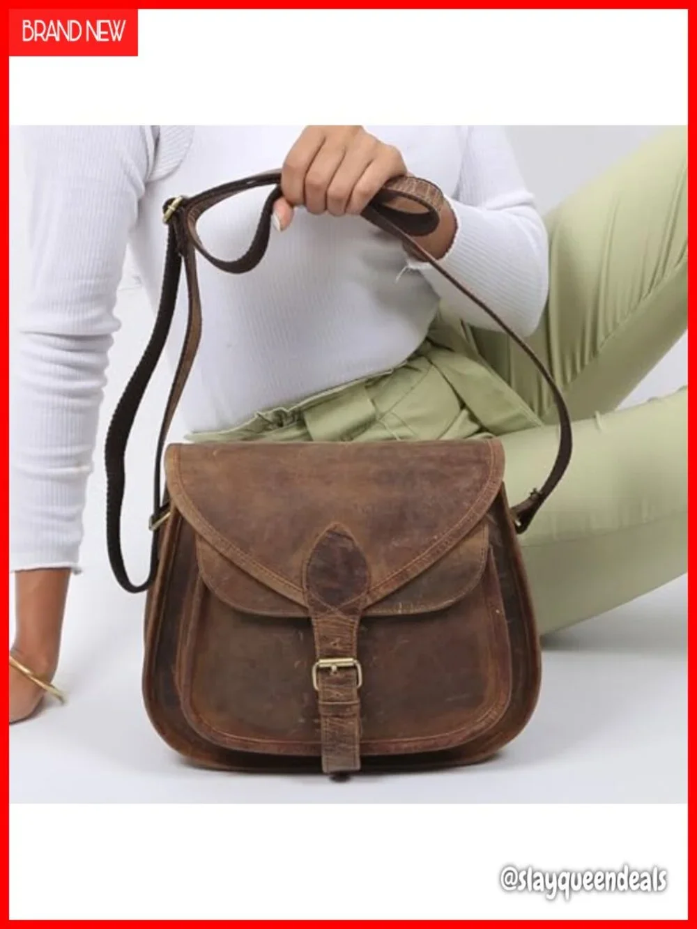 Full Grain Leather Crossbody Satchel Handbag w/ Multiple Pockets Shoulder Tote